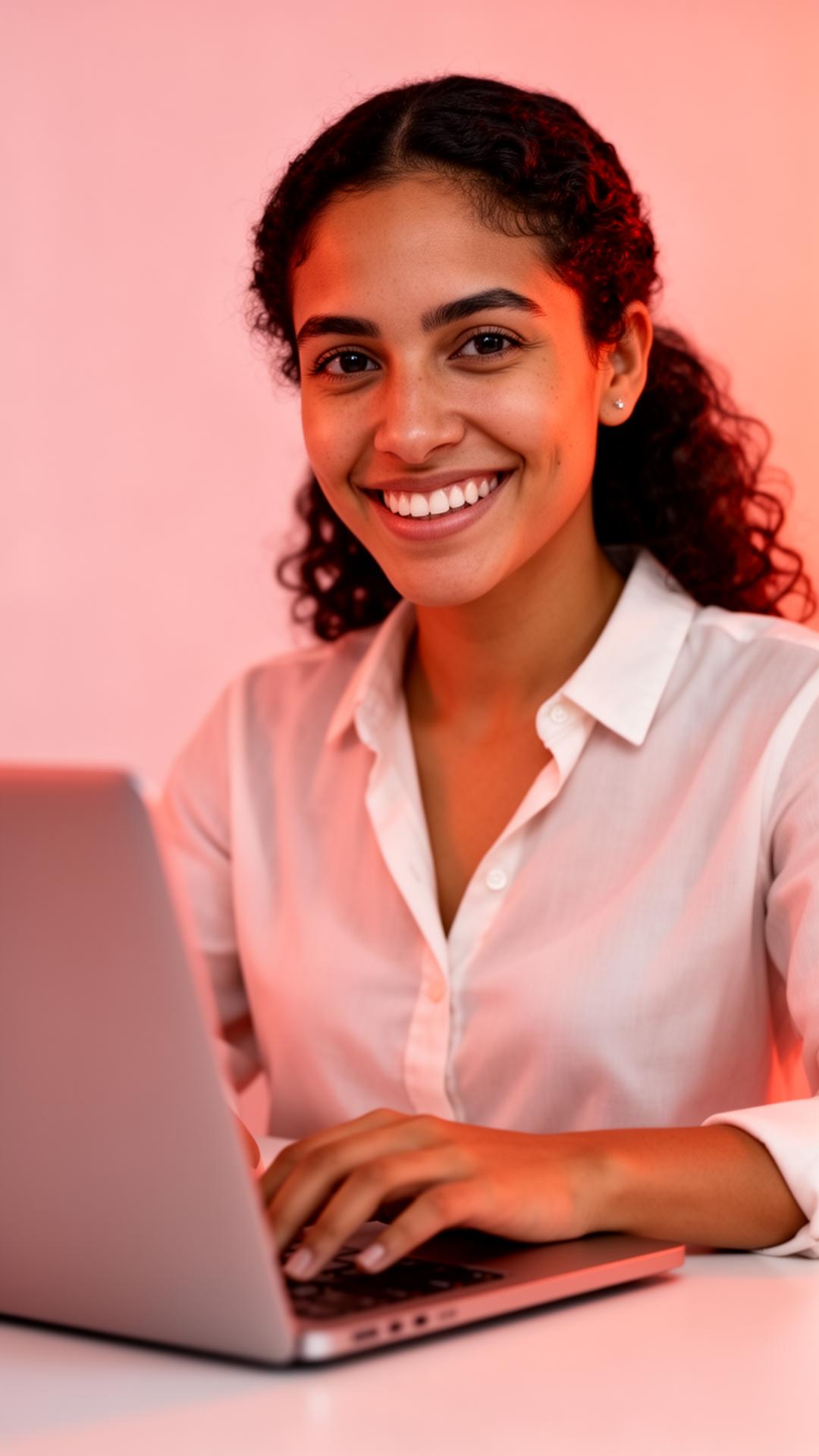 Mujer programando con luz cálida rosa